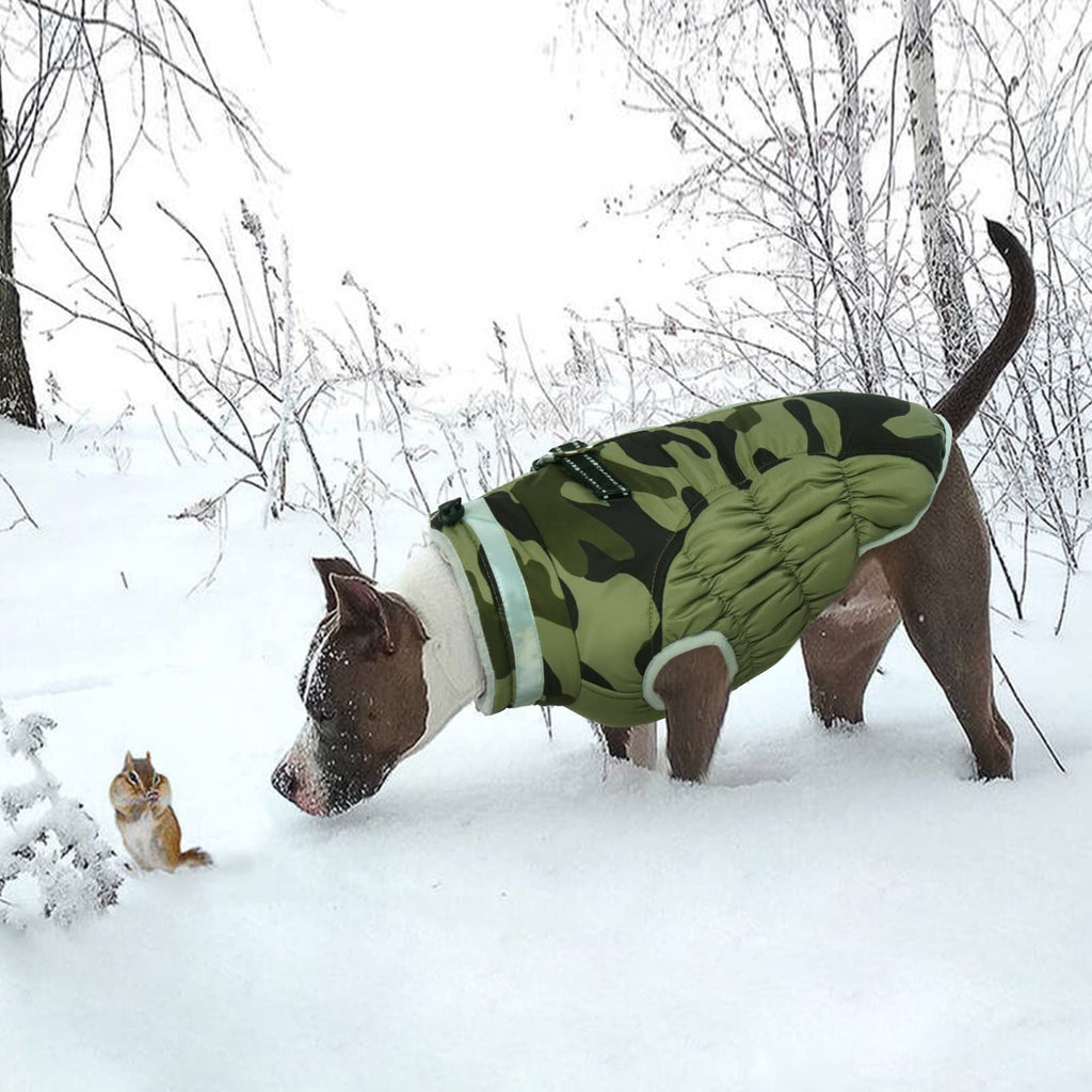 LeLePet Warm Winter Dog Coat with Built-In Harness — Waterproof Fleece Vest for Large Dogs (Green Camouflage, L)