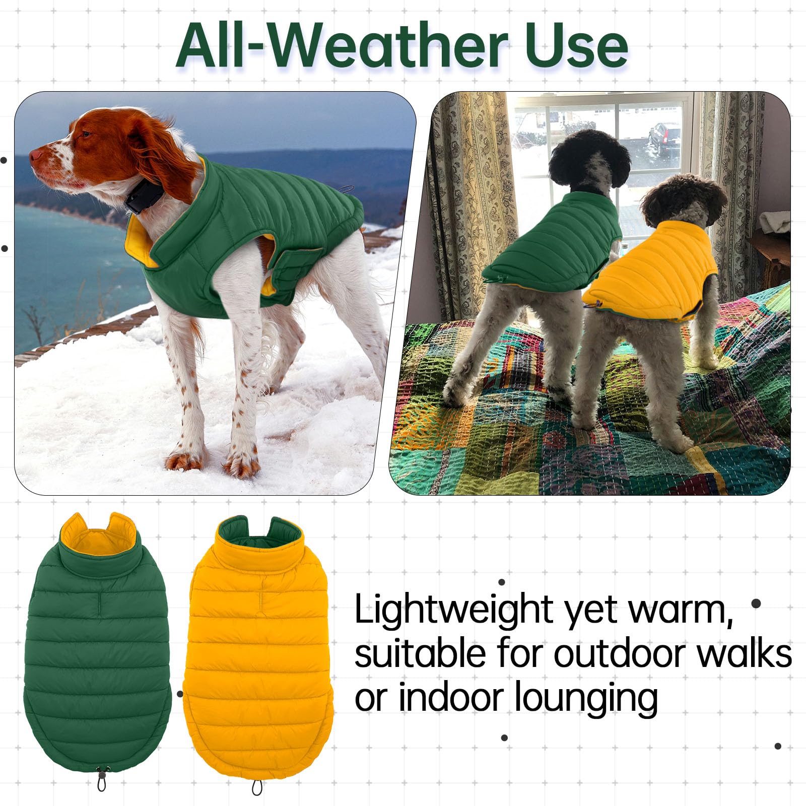 LeLePet Reversible Waterproof Dog Coat – Windproof Puffer Vest for Winter (Green, XL)