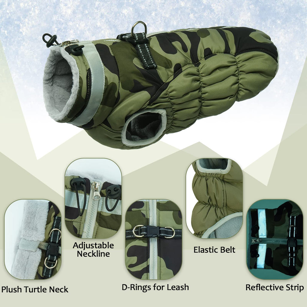 LeLePet Warm Winter Dog Coat with Built-In Harness — Waterproof Fleece Vest for Large Dogs (Green Camouflage, L)