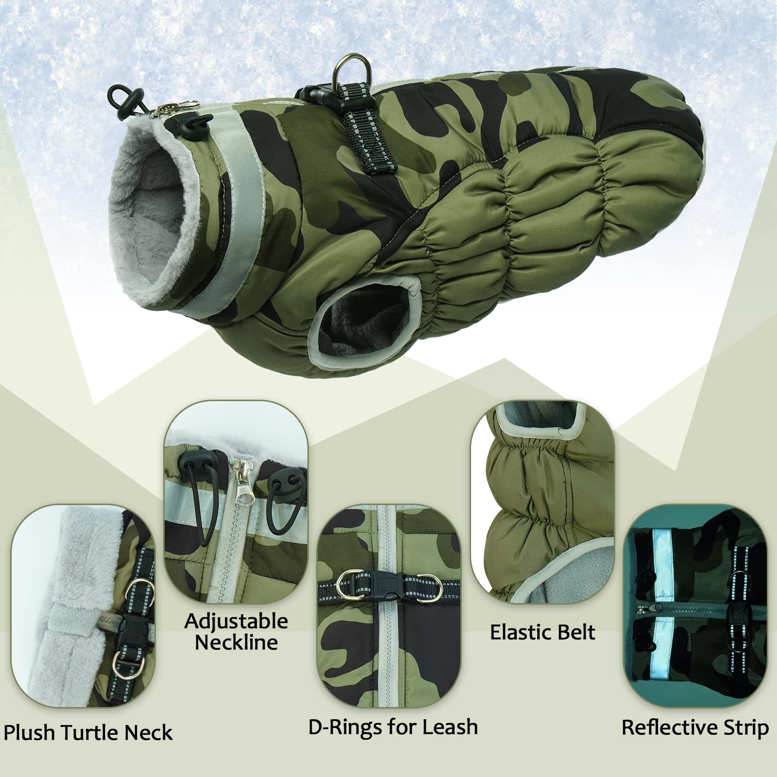 LeLePet Warm Winter Dog Coat with Built-In Harness — Waterproof Fleece Vest for Large Dogs (Green Camouflage, L)