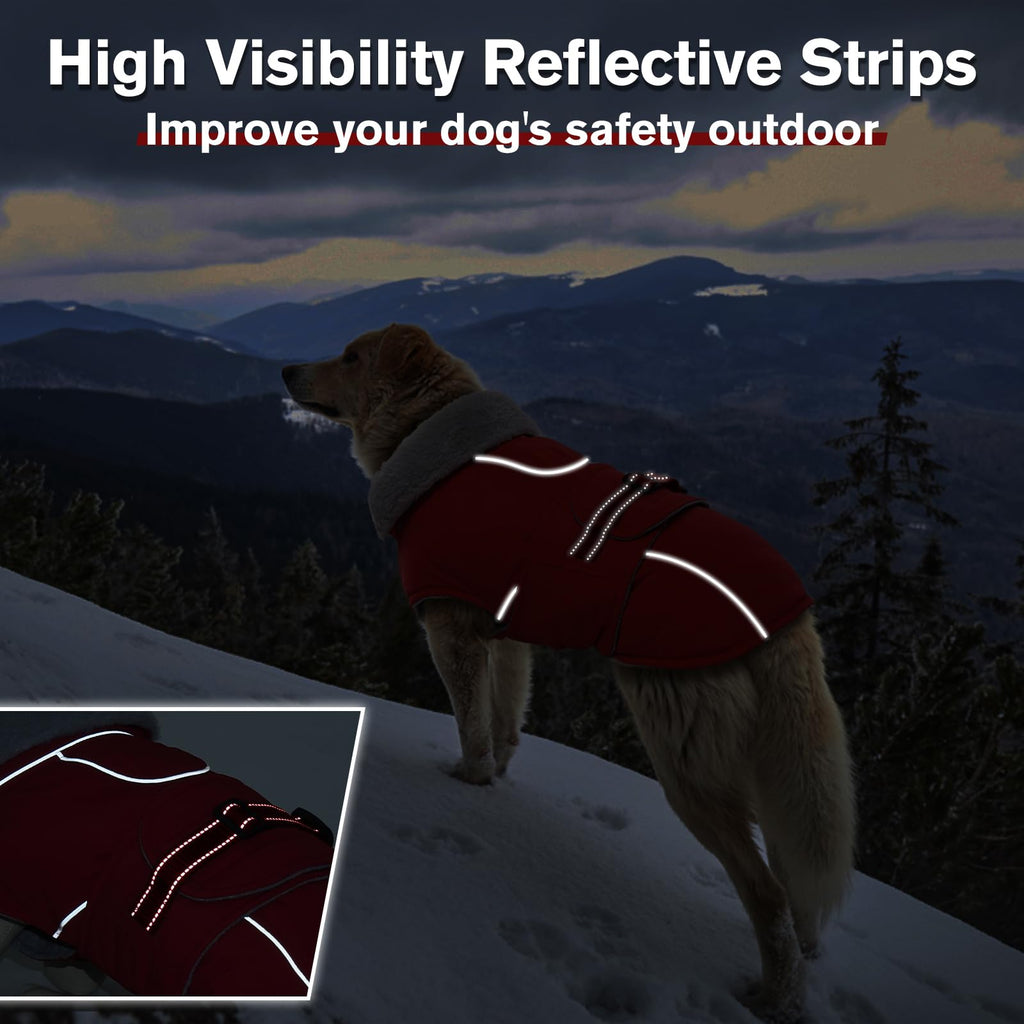LeLePet Warm Waterproof Dog Coat – Reflective Fleece Winter Jacket (Red, XXXL)
