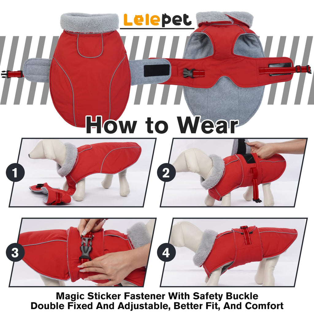 LeLePet Warm Waterproof Dog Coat – Reflective Fleece Winter Jacket (Red, XXXL)