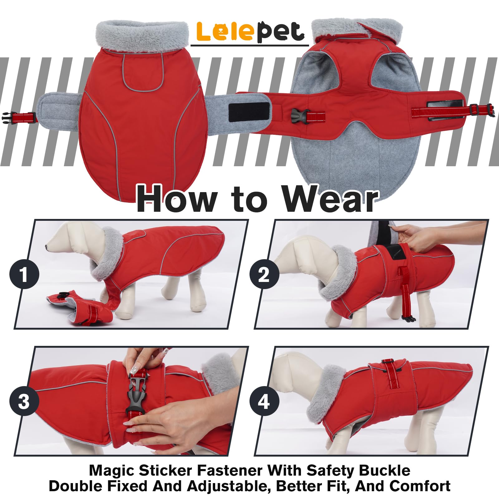 LeLePet Warm Waterproof Dog Coat – Reflective Fleece Winter Jacket (Red, XXXL)
