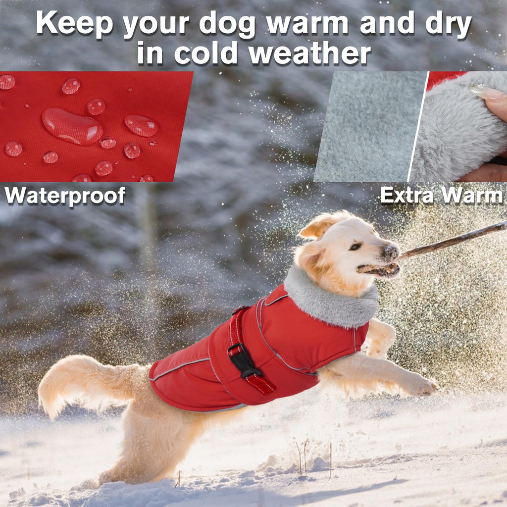 LeLePet Warm Waterproof Dog Coat – Reflective Fleece Winter Jacket (Red, XXXL)