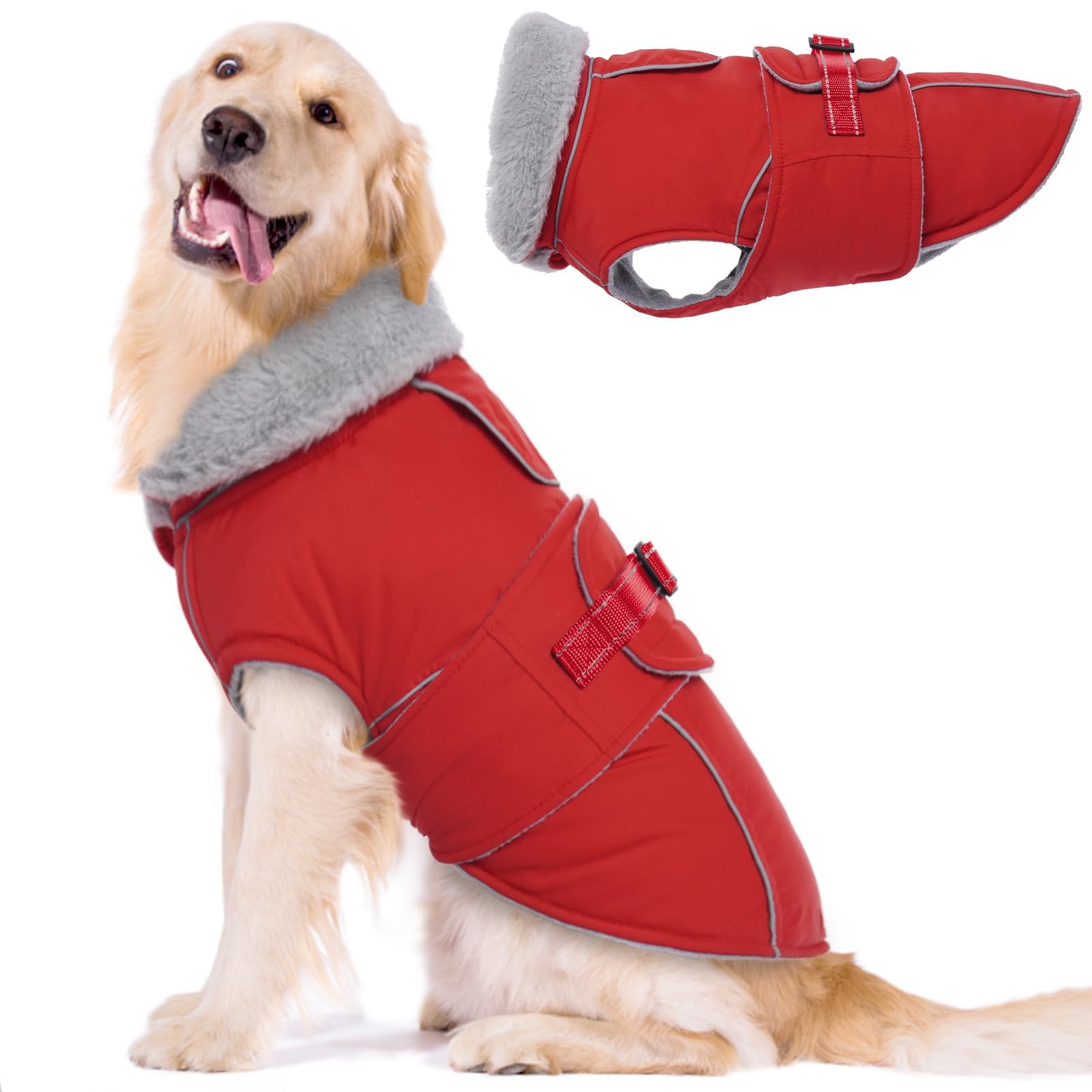 LeLePet Warm Waterproof Dog Coat – Reflective Fleece Winter Jacket (Red, XXXL)