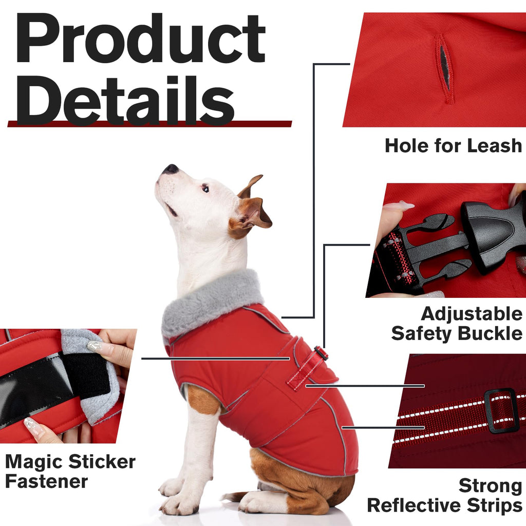 LeLePet Warm Waterproof Dog Coat – Reflective Fleece Winter Jacket (Red, XXXL)