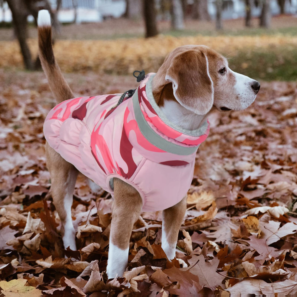 LeLePet Waterproof Warm Dog Winter Coat with Built-In Harness – Pink Camo, Zip-Up Fleece Vest (L)
