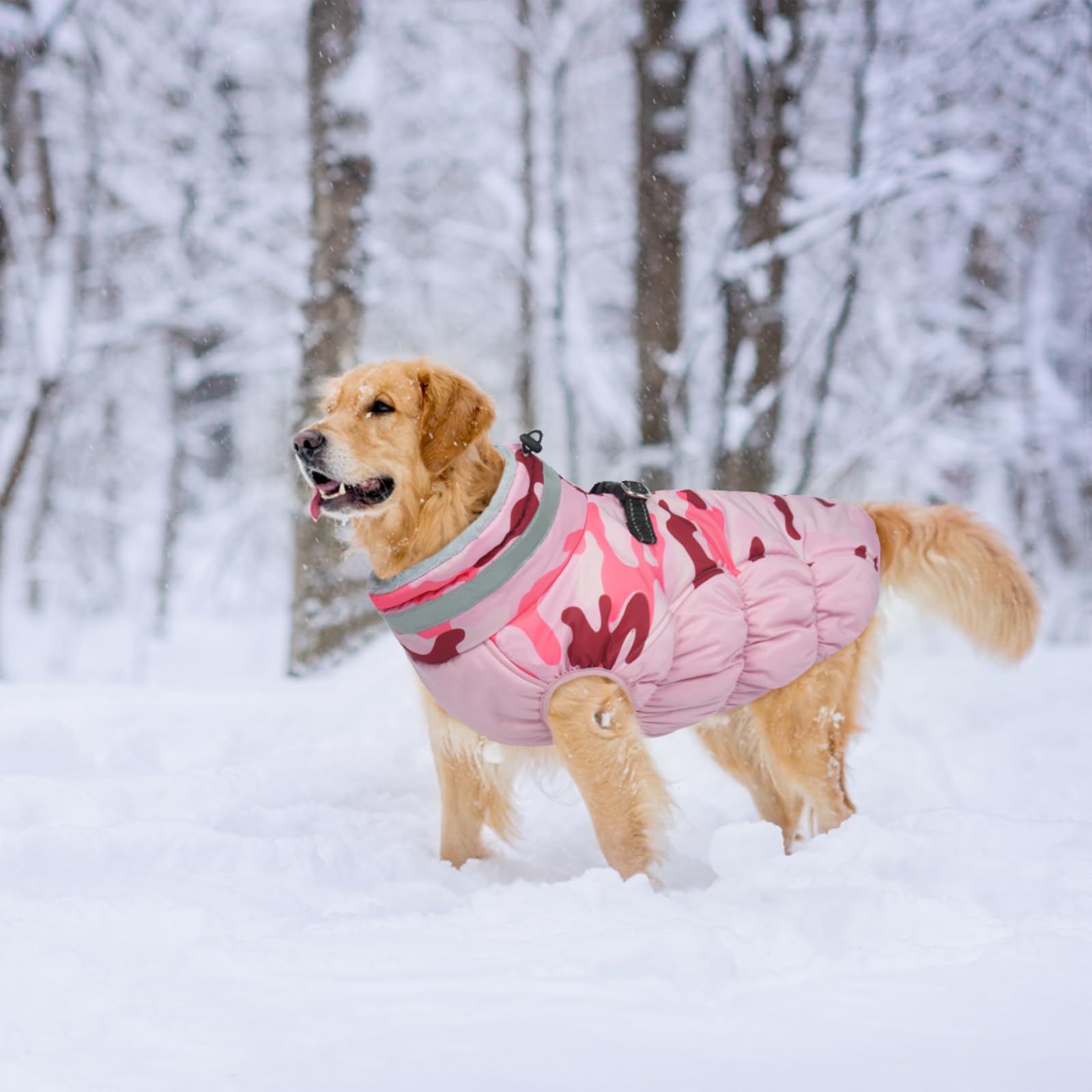 LeLePet Waterproof Warm Dog Winter Coat with Built-In Harness – Pink Camo, Zip-Up Fleece Vest (L)