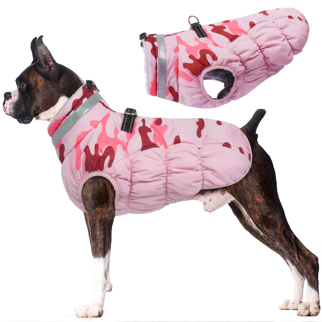 LeLePet Waterproof Warm Dog Winter Coat with Built-In Harness – Pink Camo, Zip-Up Fleece Vest (L)