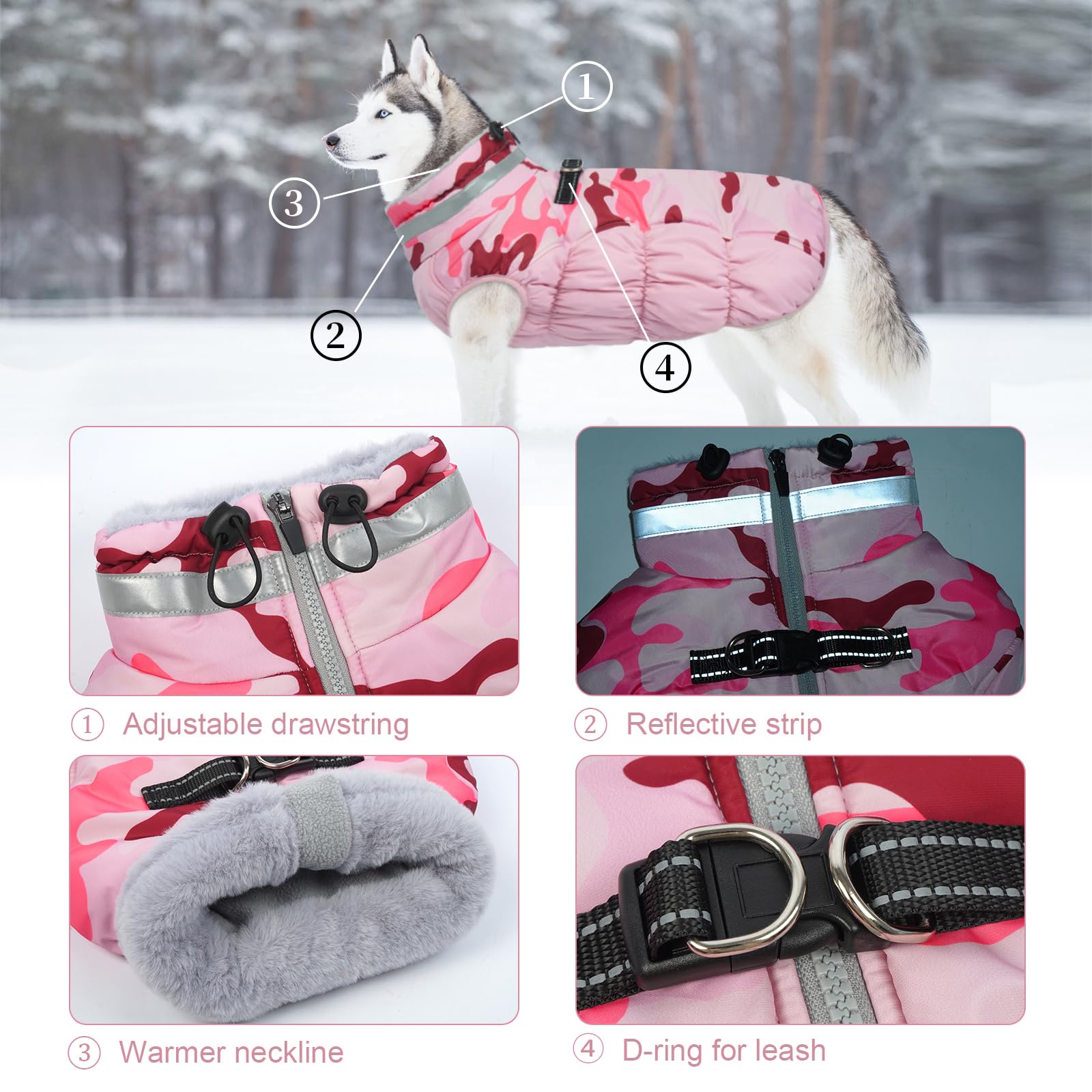 LeLePet Waterproof Warm Dog Winter Coat with Built-In Harness – Pink Camo, Zip-Up Fleece Vest (L)