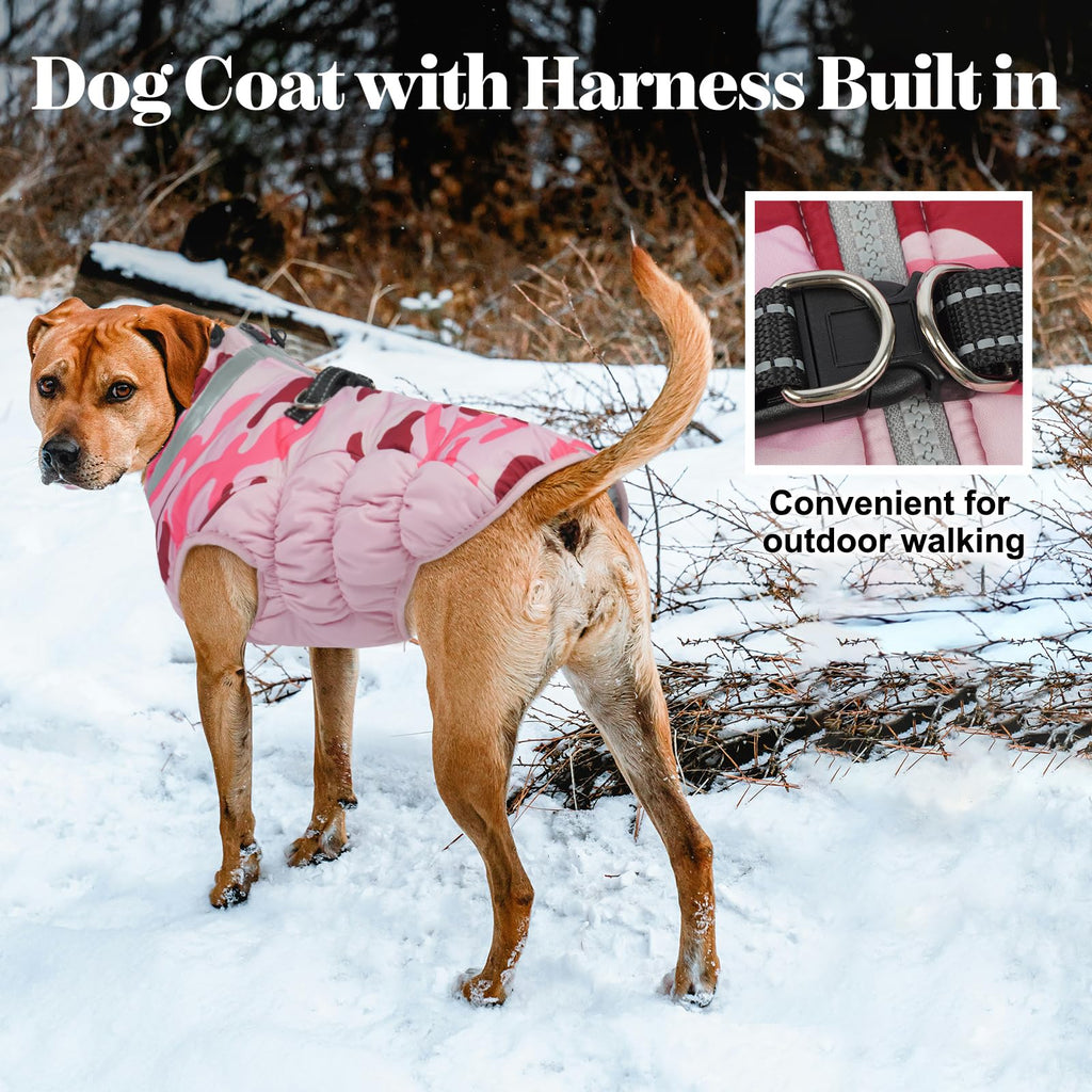 LeLePet Waterproof Warm Dog Winter Coat with Built-In Harness – Pink Camo, Zip-Up Fleece Vest (L)