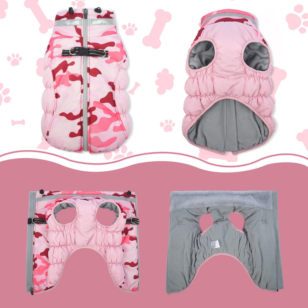 LeLePet Waterproof Warm Dog Winter Coat with Built-In Harness – Pink Camo, Zip-Up Fleece Vest (L)