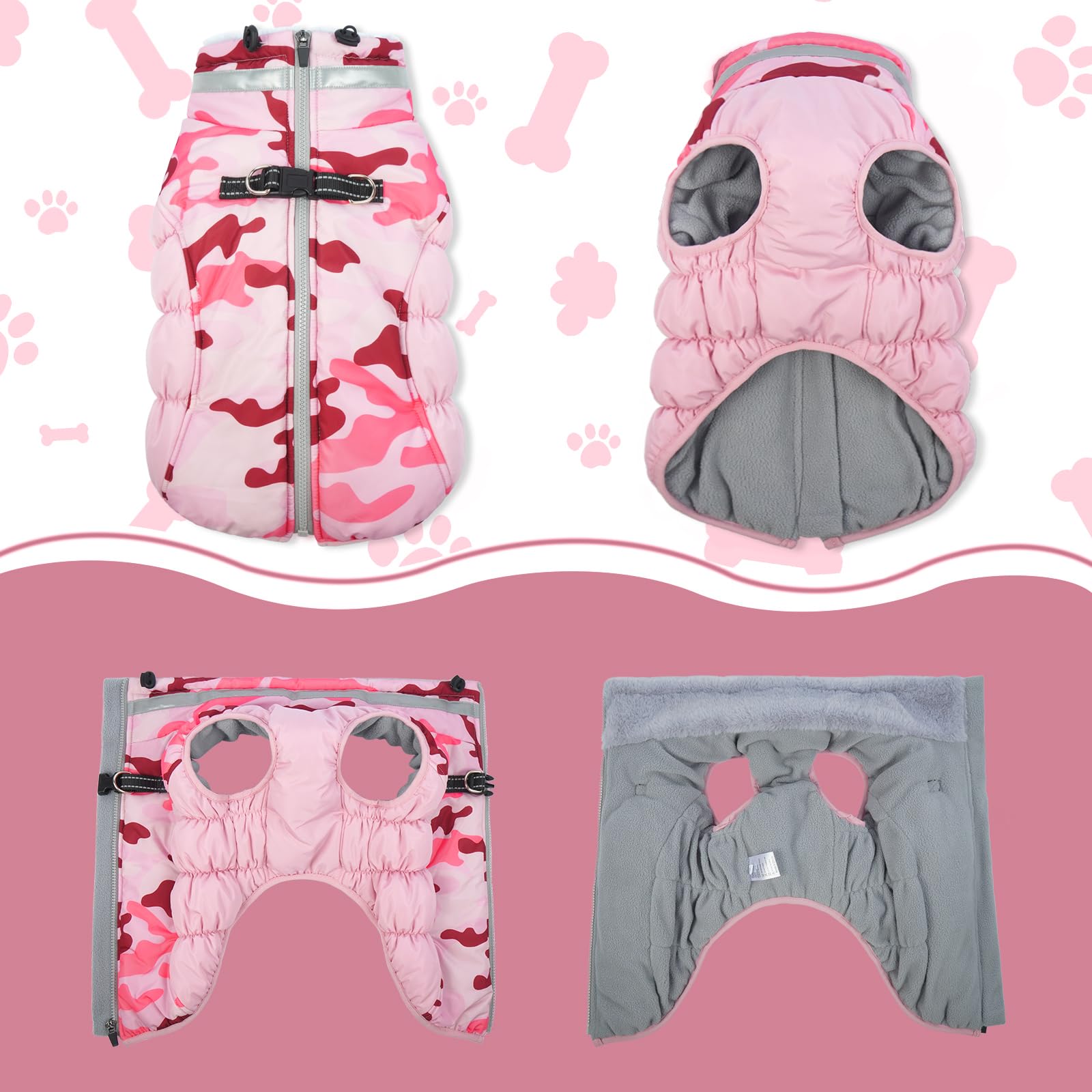 LeLePet Waterproof Warm Dog Winter Coat with Built-In Harness – Pink Camo, Zip-Up Fleece Vest (L)