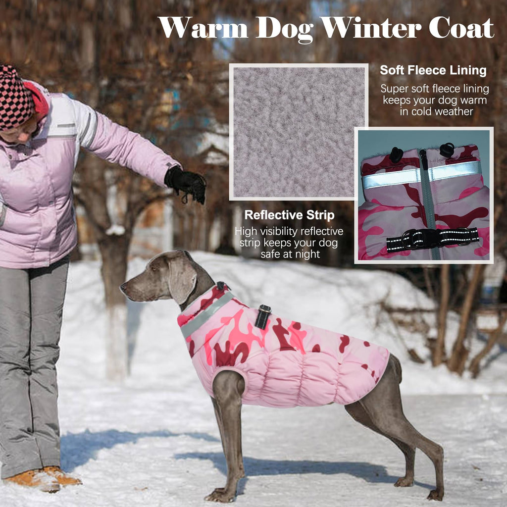 LeLePet Waterproof Warm Dog Winter Coat with Built-In Harness – Pink Camo, Zip-Up Fleece Vest (L)