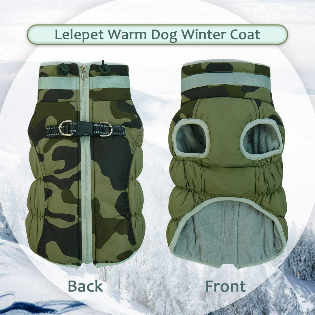 LeLePet Warm Winter Dog Coat with Built-In Harness — Waterproof Fleece Vest for Large Dogs (Green Camouflage, L)