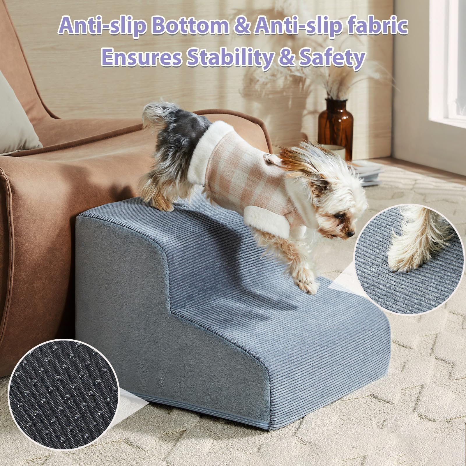 LEXTRO Dog Stairs for Small Dogs — 3-Step Bed & Couch Ramp with Foam Support & Non-Slip Bottom (15.7 in)
