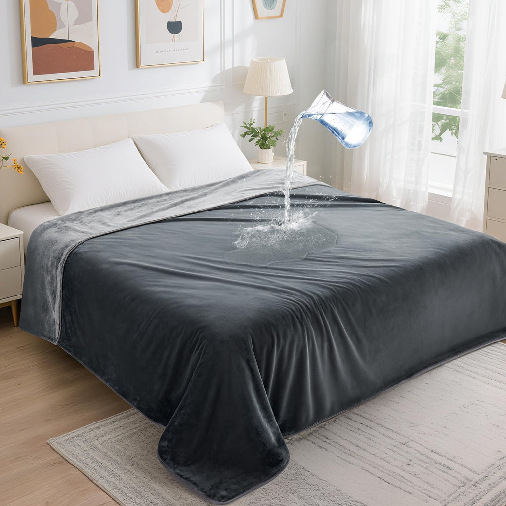LOOBANI Waterproof Blanket for Bed – Reversible Soft Flannel, King Size 85x108, Grey
