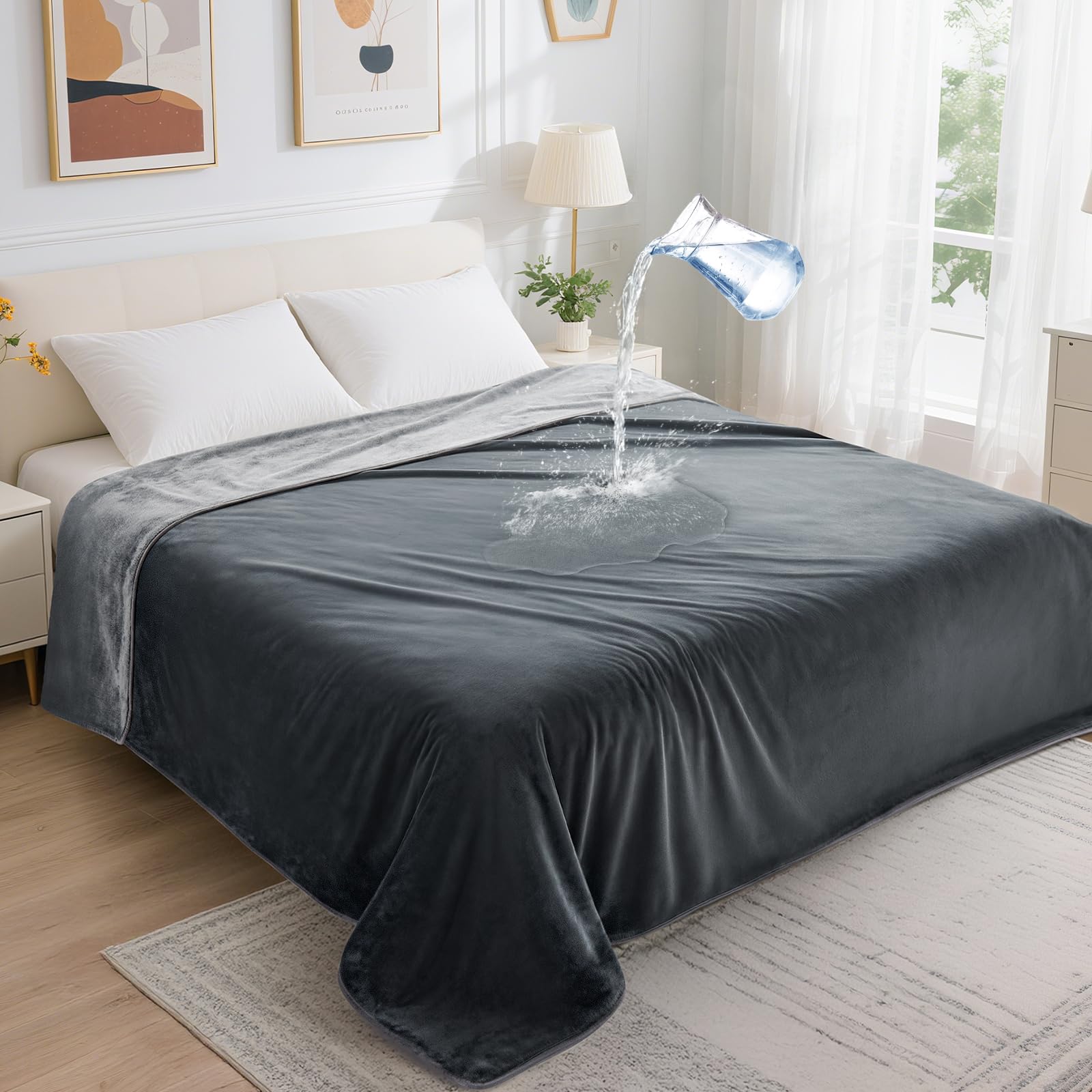 LOOBANI Waterproof Blanket for Bed – Reversible Soft Flannel, King Size 85x108, Grey