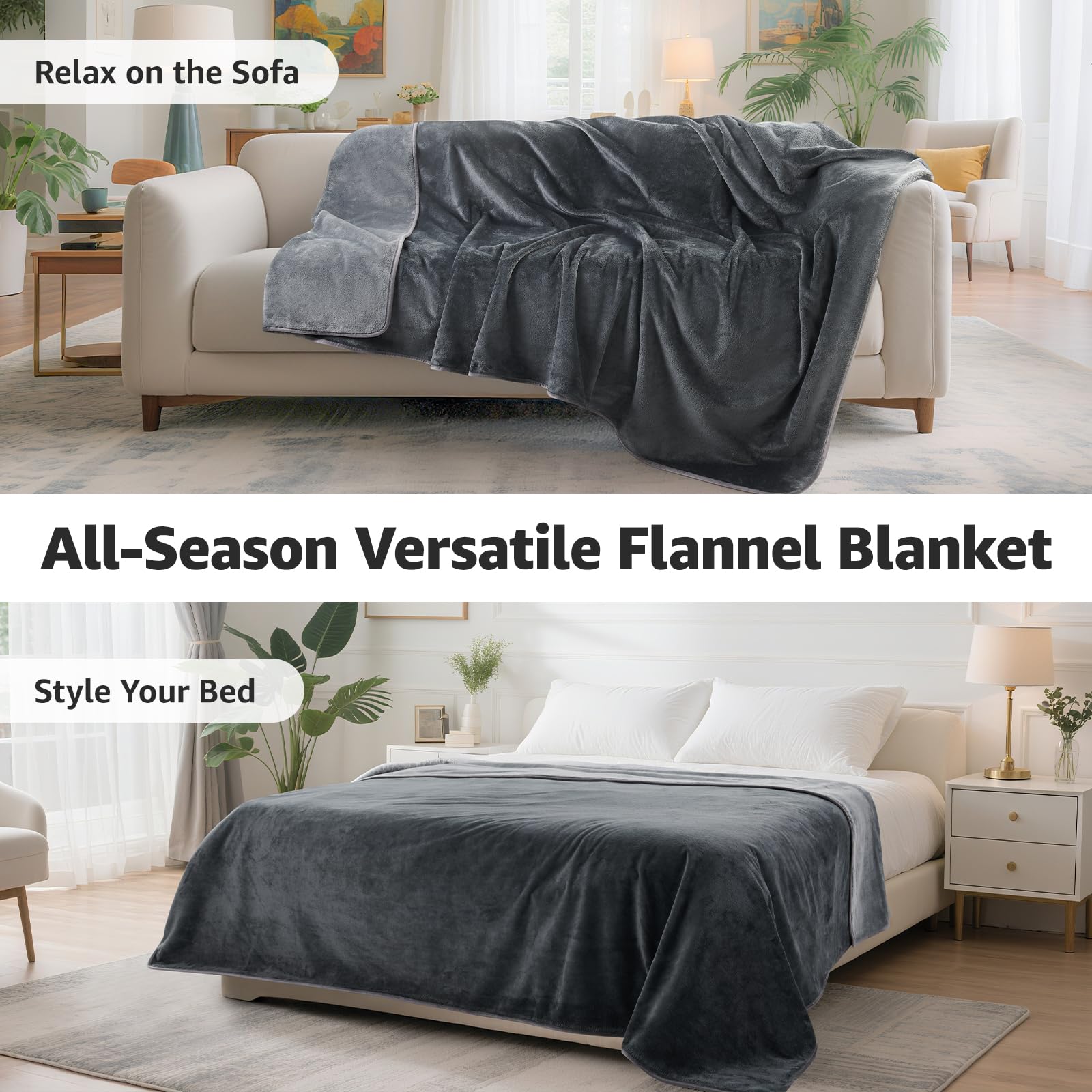 LOOBANI Waterproof Blanket for Bed – Reversible Soft Flannel, King Size 85x108, Grey