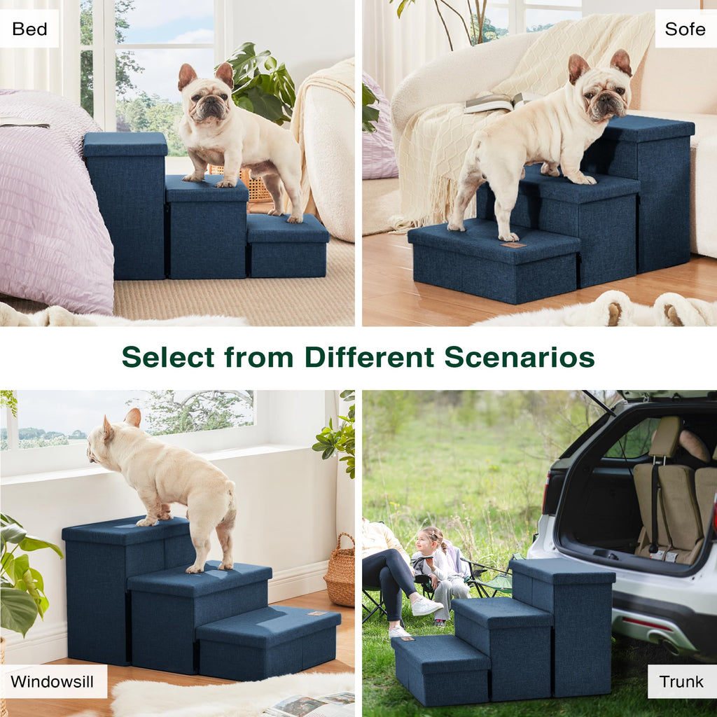 Love's cabin Dog Stairs with Storage - 3-Step, 18 in High, Navy Blue