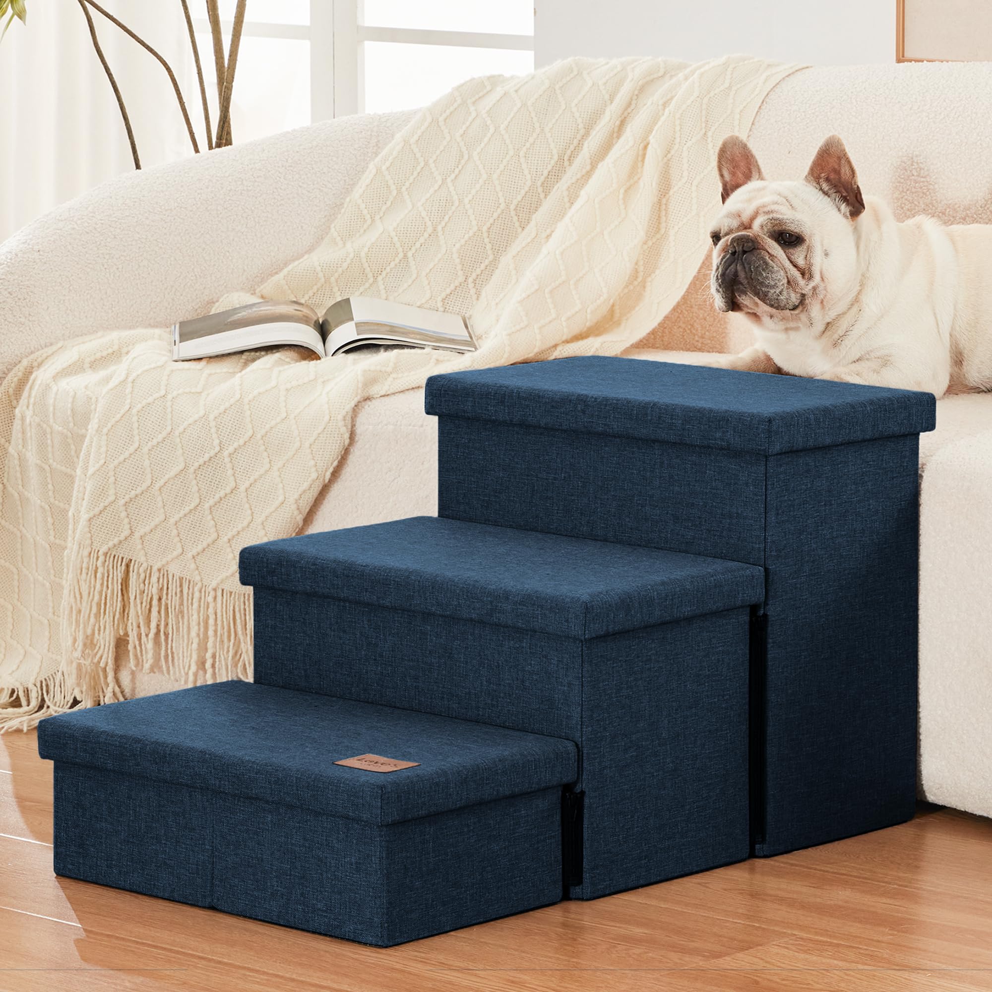 Love's cabin Dog Stairs with Storage - 3-Step, 18 in High, Navy Blue