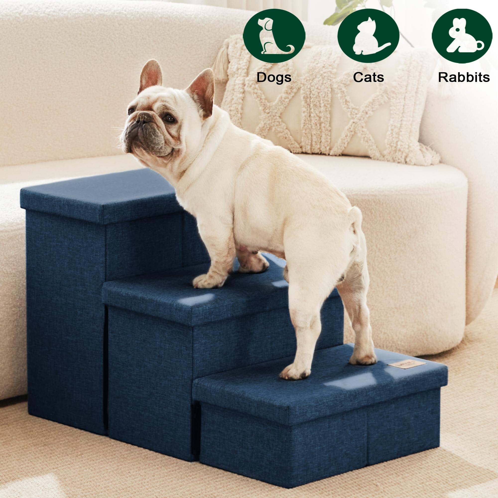 Love's cabin Dog Stairs with Storage - 3-Step, 18 in High, Navy Blue