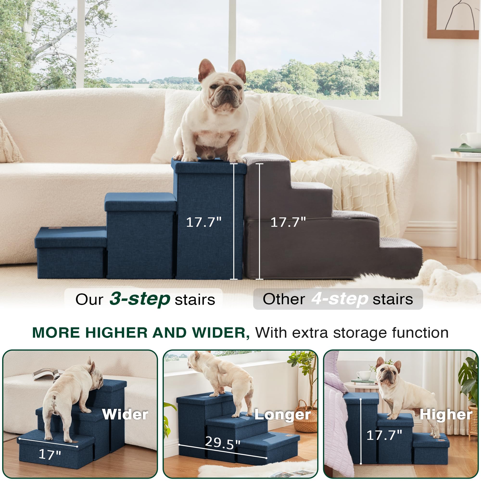 Love's cabin Dog Stairs with Storage - 3-Step, 18 in High, Navy Blue