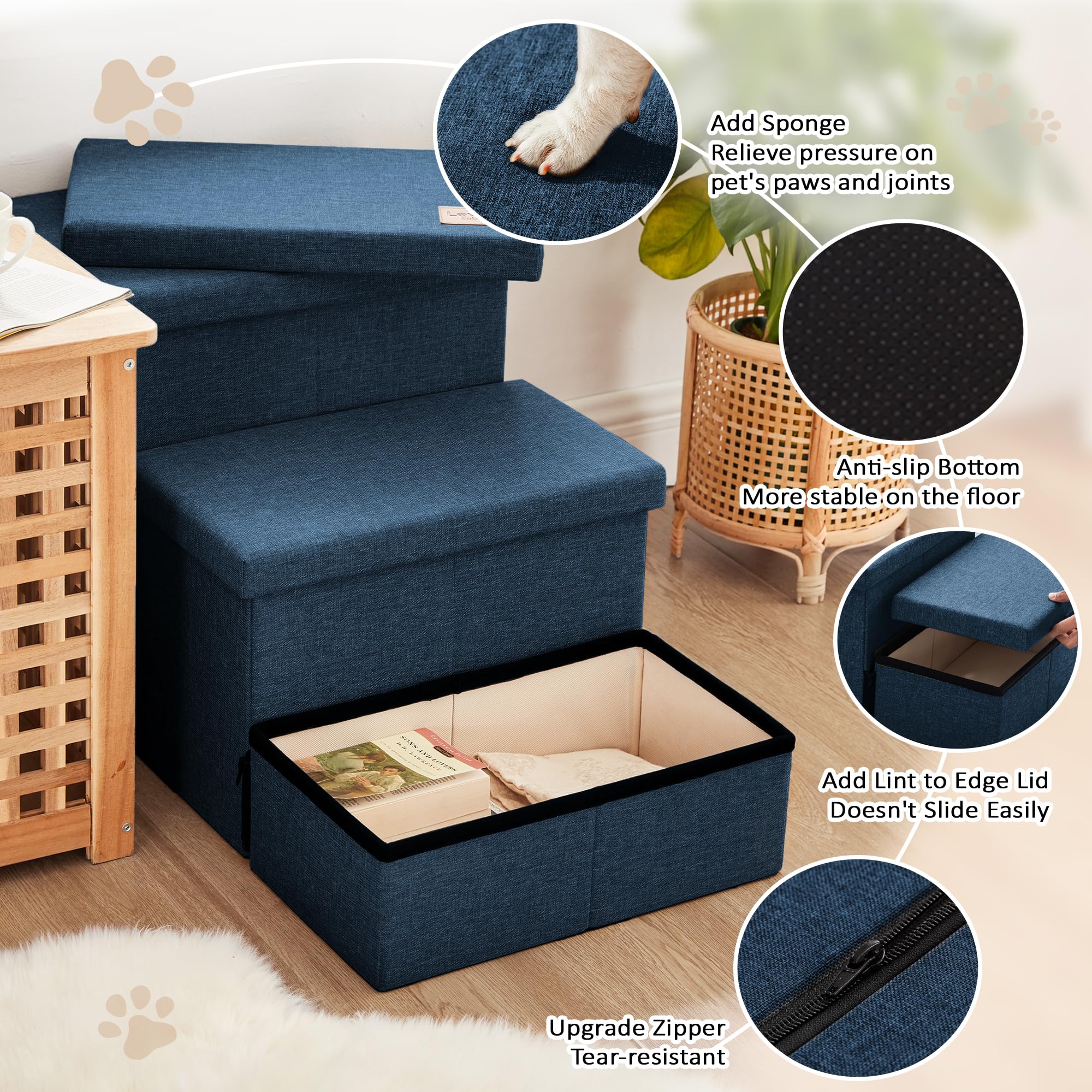 Love's cabin Dog Stairs with Storage - 3-Step, 18 in High, Navy Blue