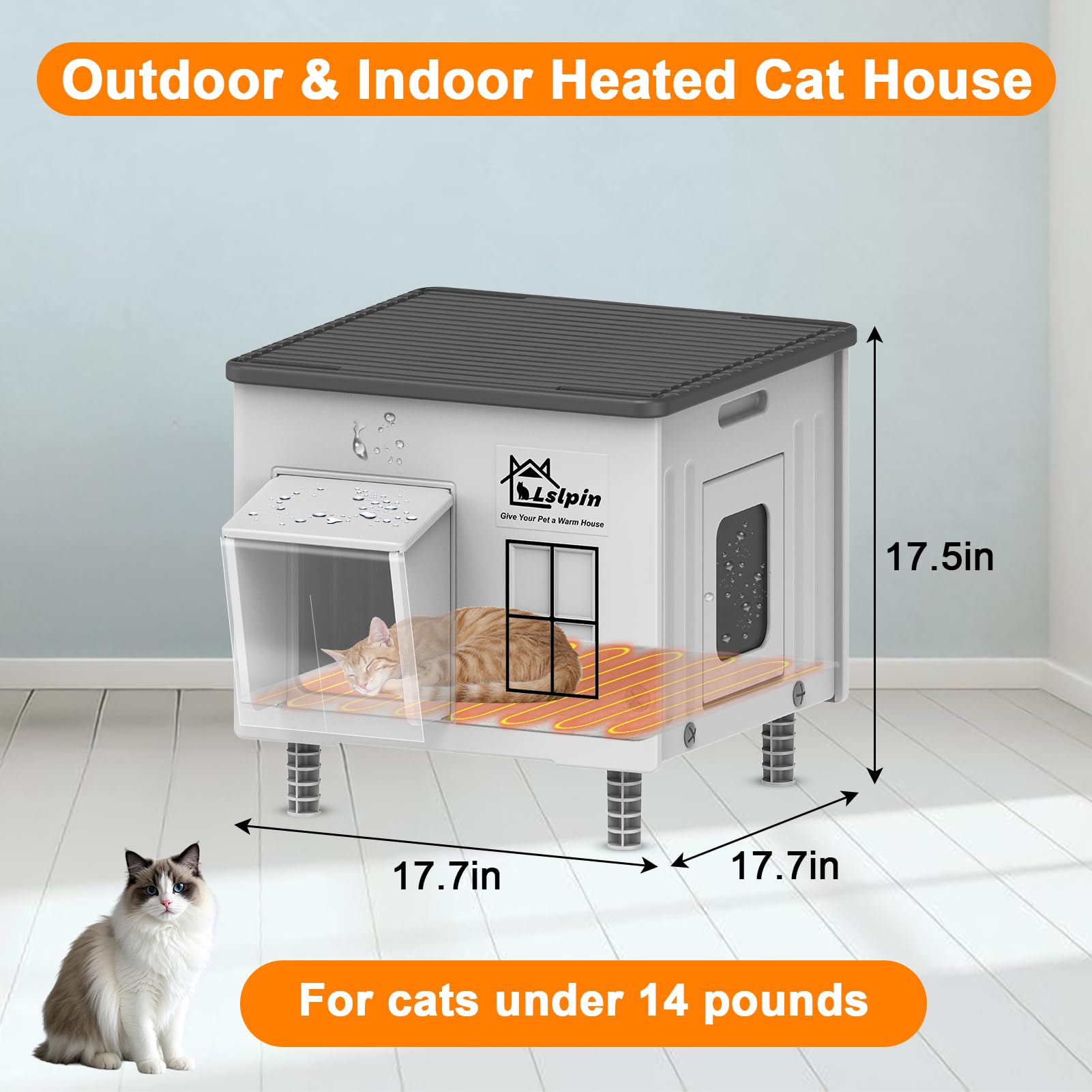 Lslpin Indestructible Heated Cat House for Outdoor Cats – Weatherproof, Insulated Shelter with Escape Door (17.7×17.7×17.5 in)