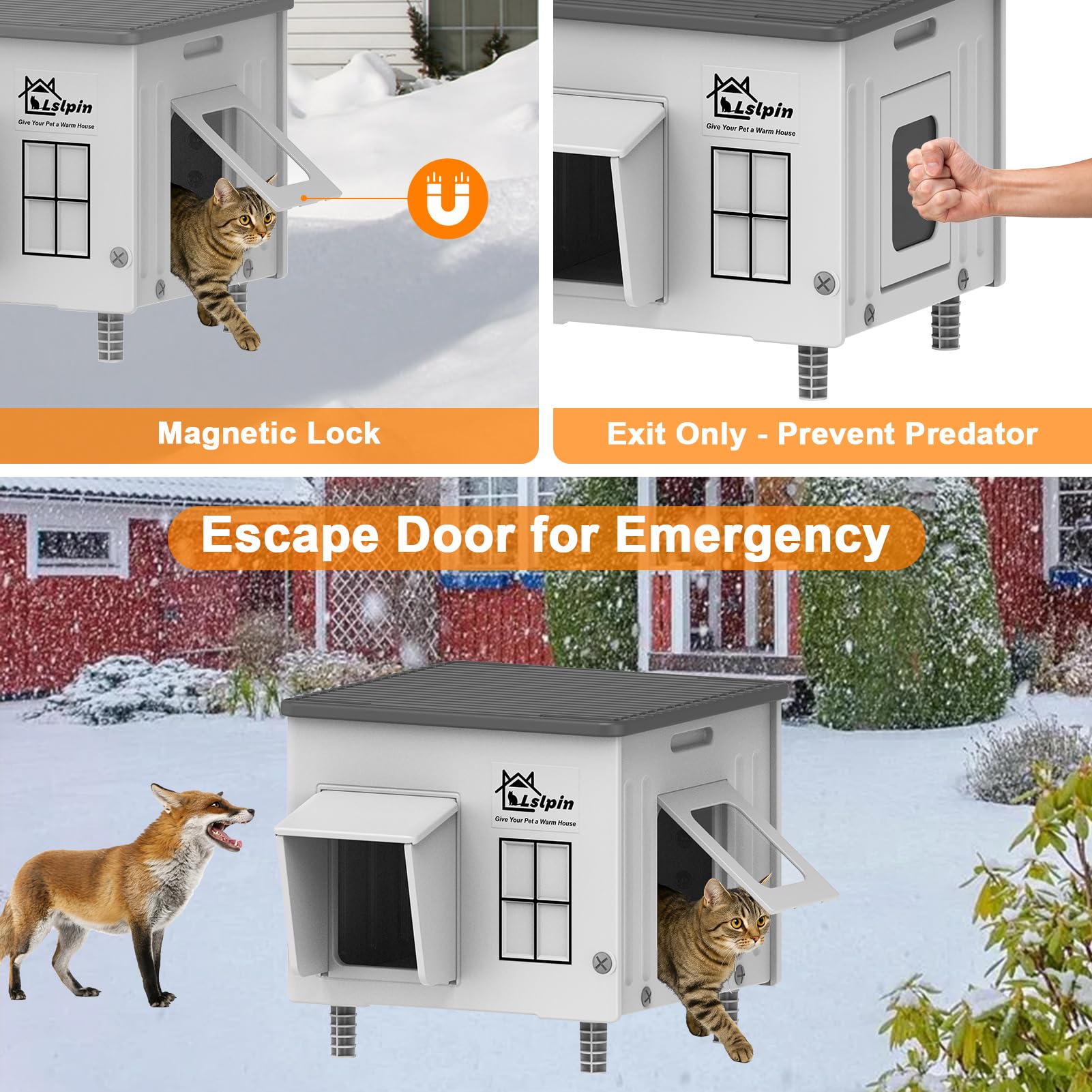Lslpin Indestructible Heated Cat House for Outdoor Cats – Weatherproof, Insulated Shelter with Escape Door (17.7×17.7×17.5 in)