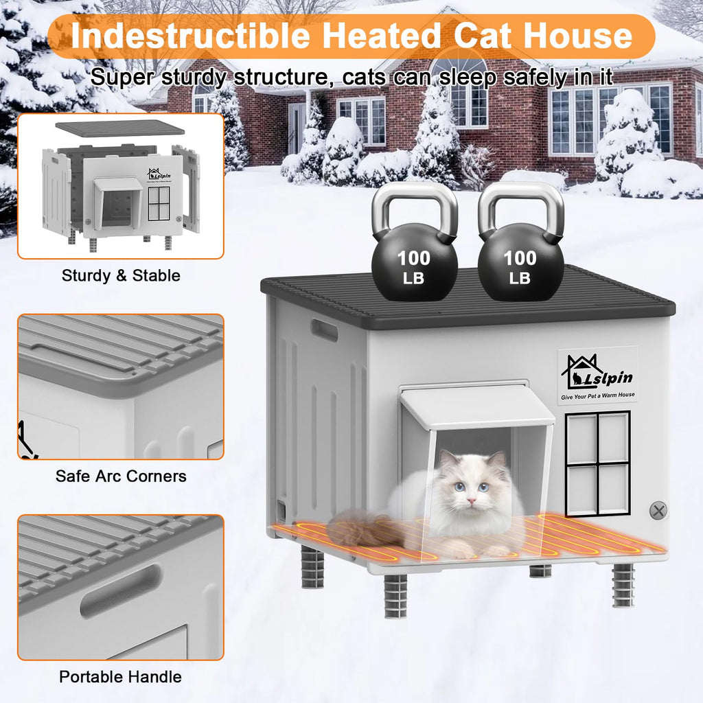 Lslpin Indestructible Heated Cat House for Outdoor Cats – Weatherproof, Insulated Shelter with Escape Door (17.7×17.7×17.5 in)