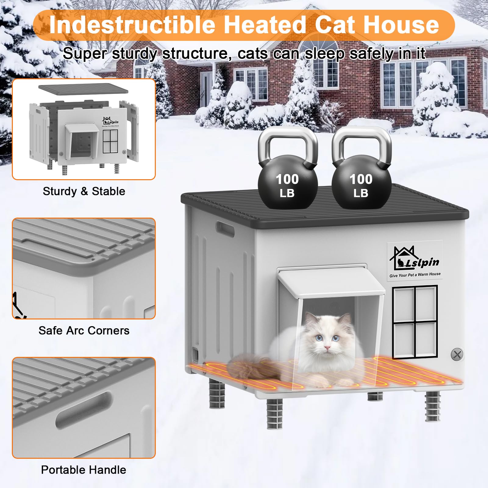 Lslpin Indestructible Heated Cat House for Outdoor Cats – Weatherproof, Insulated Shelter with Escape Door (17.7×17.7×17.5 in)