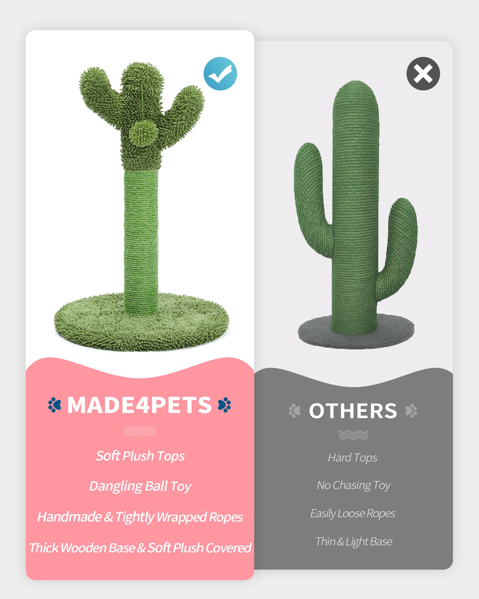 Made4Pets 34in Tall Cat Scratching Post – Cactus Cat Tree with Sisal Rope (Green Vertical)