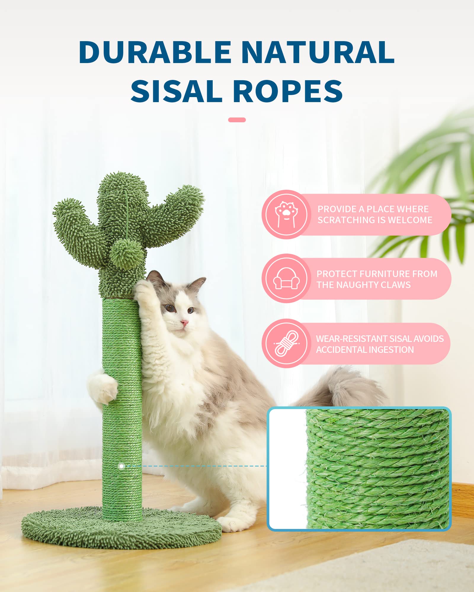 Made4Pets 34in Tall Cat Scratching Post – Cactus Cat Tree with Sisal Rope (Green Vertical)