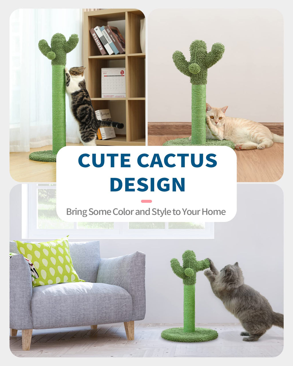 Made4Pets 34in Tall Cat Scratching Post – Cactus Cat Tree with Sisal Rope (Green Vertical)