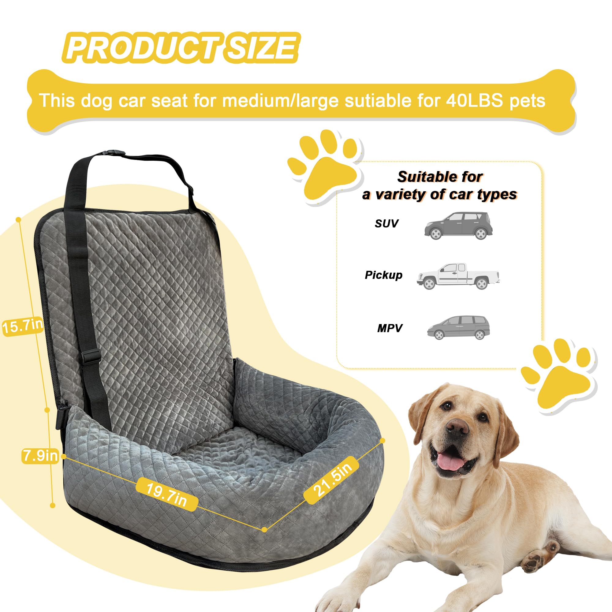 MagicFox Dog Car Seat for Small & Medium Dogs — Detachable, Washable Travel Booster Seat (Grey)