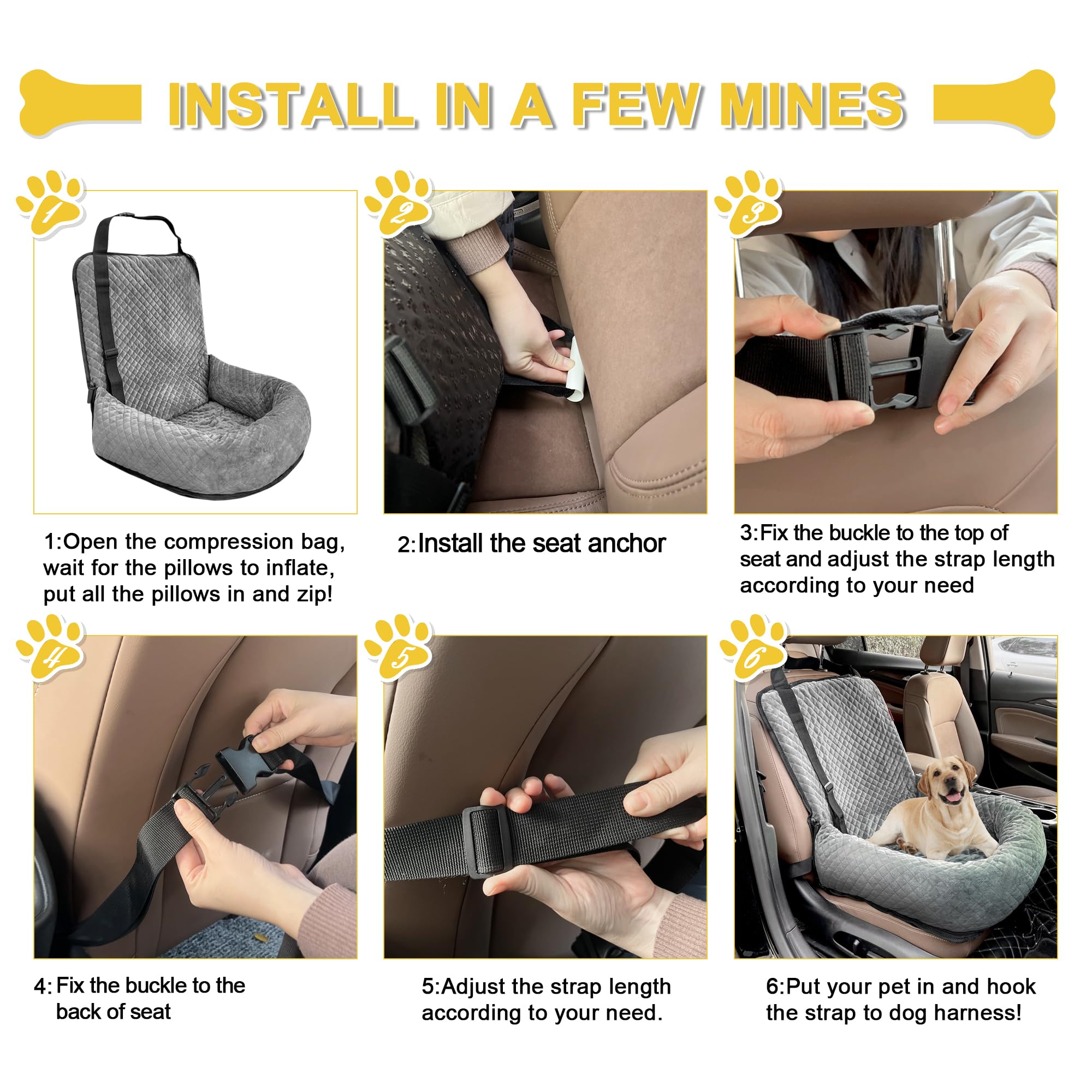MagicFox Dog Car Seat for Small & Medium Dogs — Detachable, Washable Travel Booster Seat (Grey)