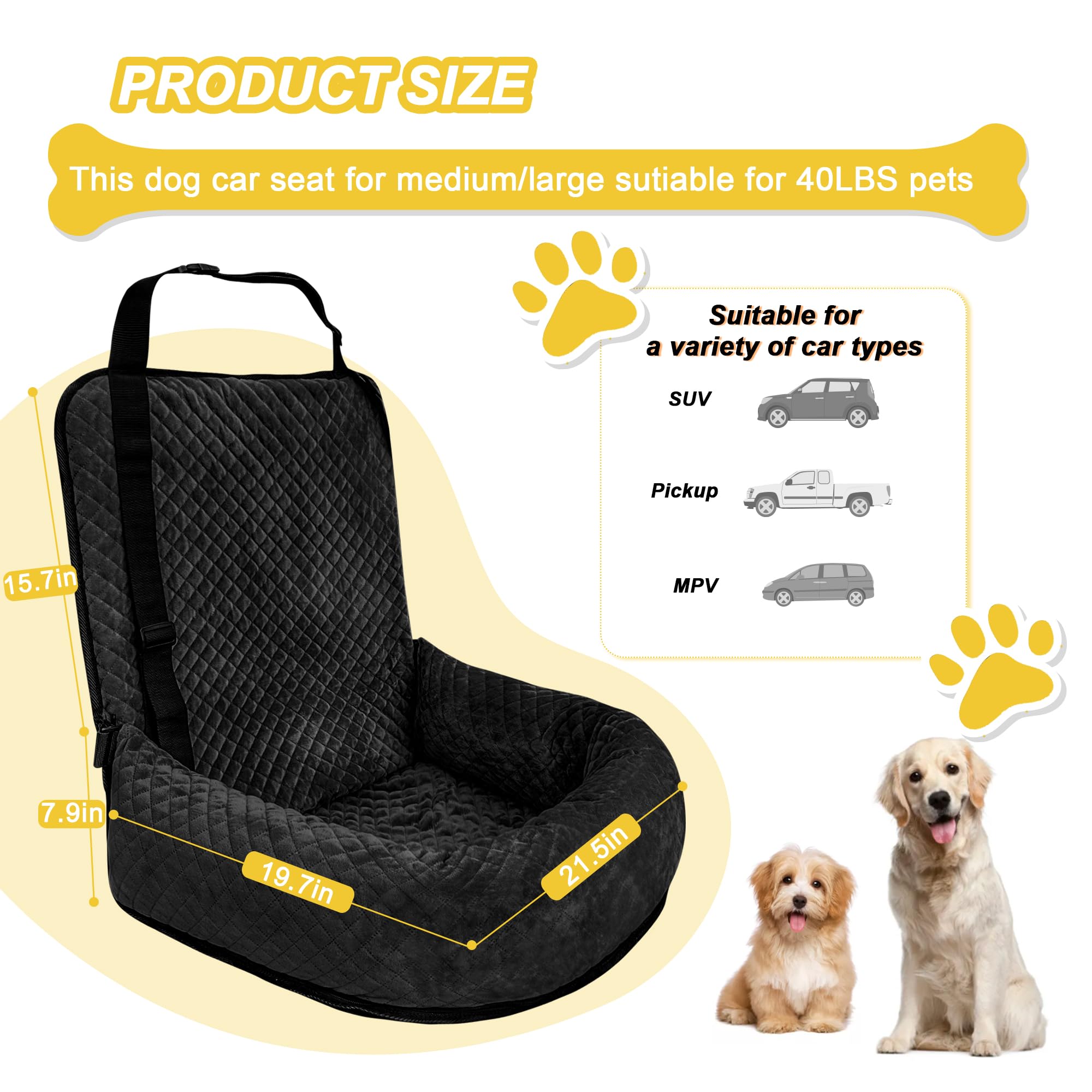 MagicFox Dog Car Seat for Small & Medium Dogs | Detachable, Washable Travel Booster Seat – Black
