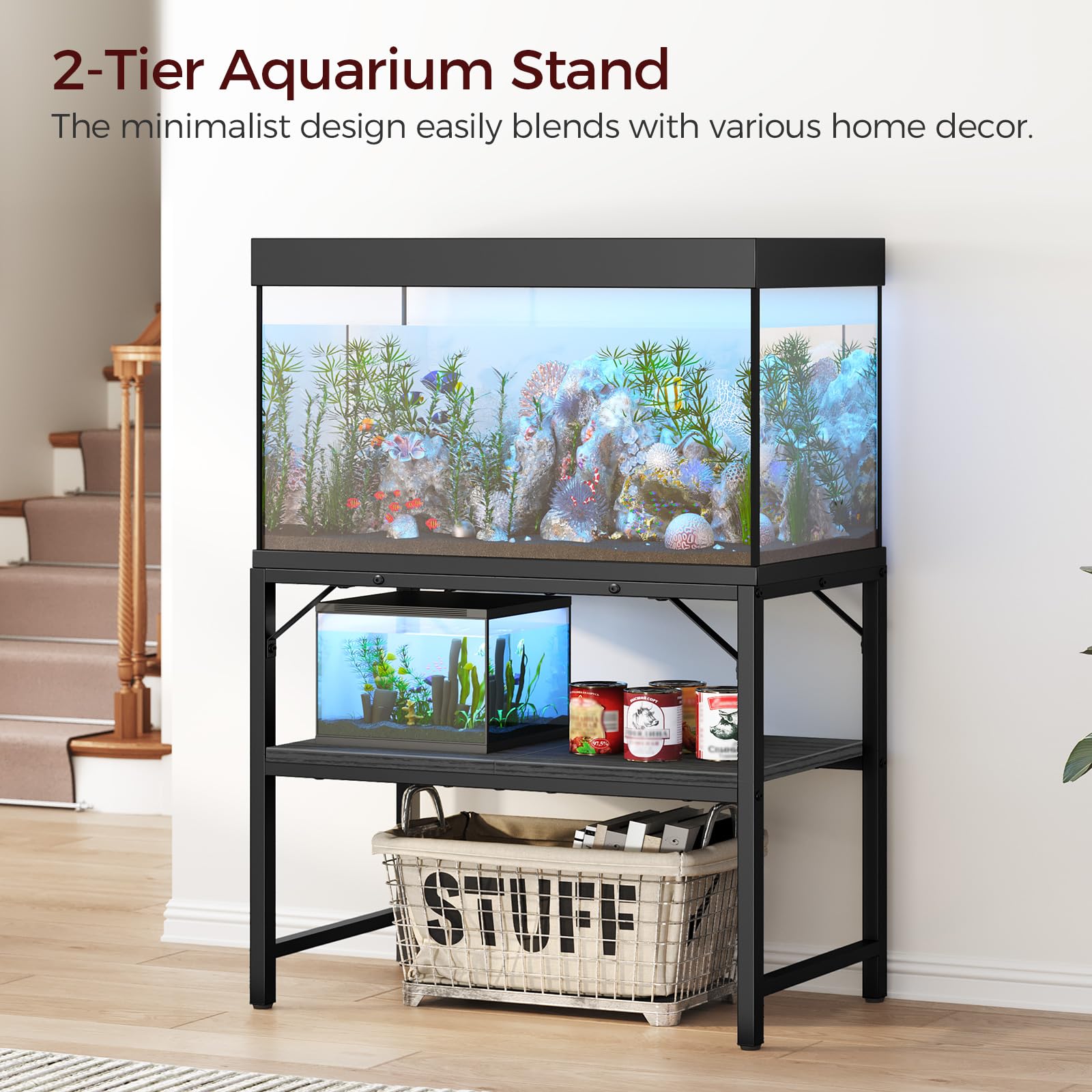 MAHANCRIS 40-50 Gallon Fish Tank Stand – 2-Tier Heavy-Duty Aquarium Rack, 36.2L x 18.9W x 24.4H in Black FTBK4001