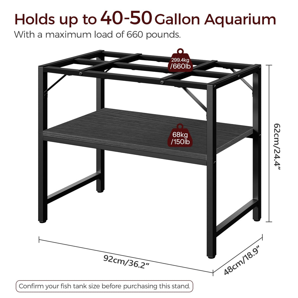 MAHANCRIS 40-50 Gallon Fish Tank Stand – 2-Tier Heavy-Duty Aquarium Rack, 36.2L x 18.9W x 24.4H in Black FTBK4001