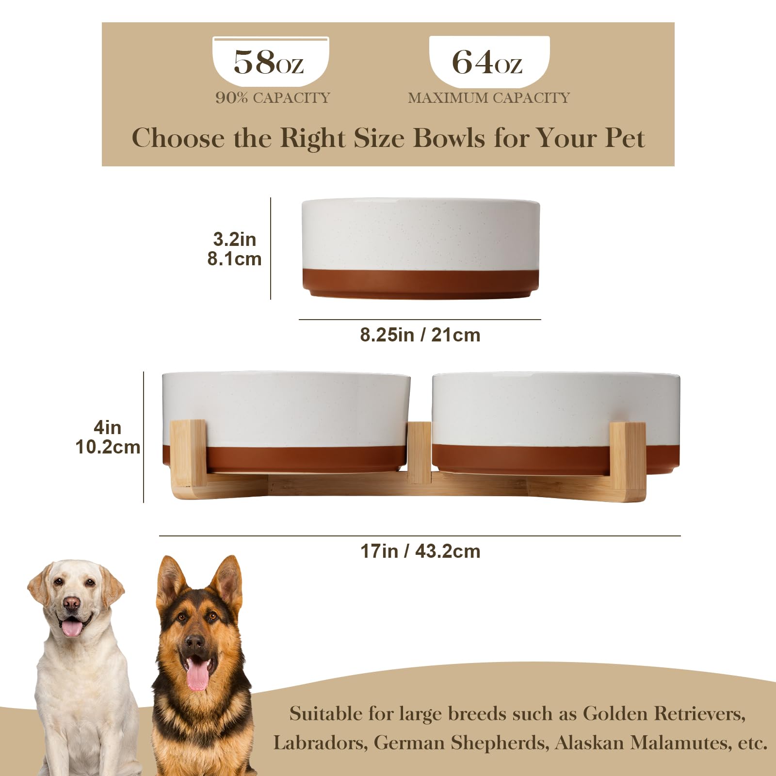 MALACASA Dog Bowls Set with Wooden Stand – 6 Cup Ceramic Food & Water Bowls for Medium to Large Dogs | 58 oz