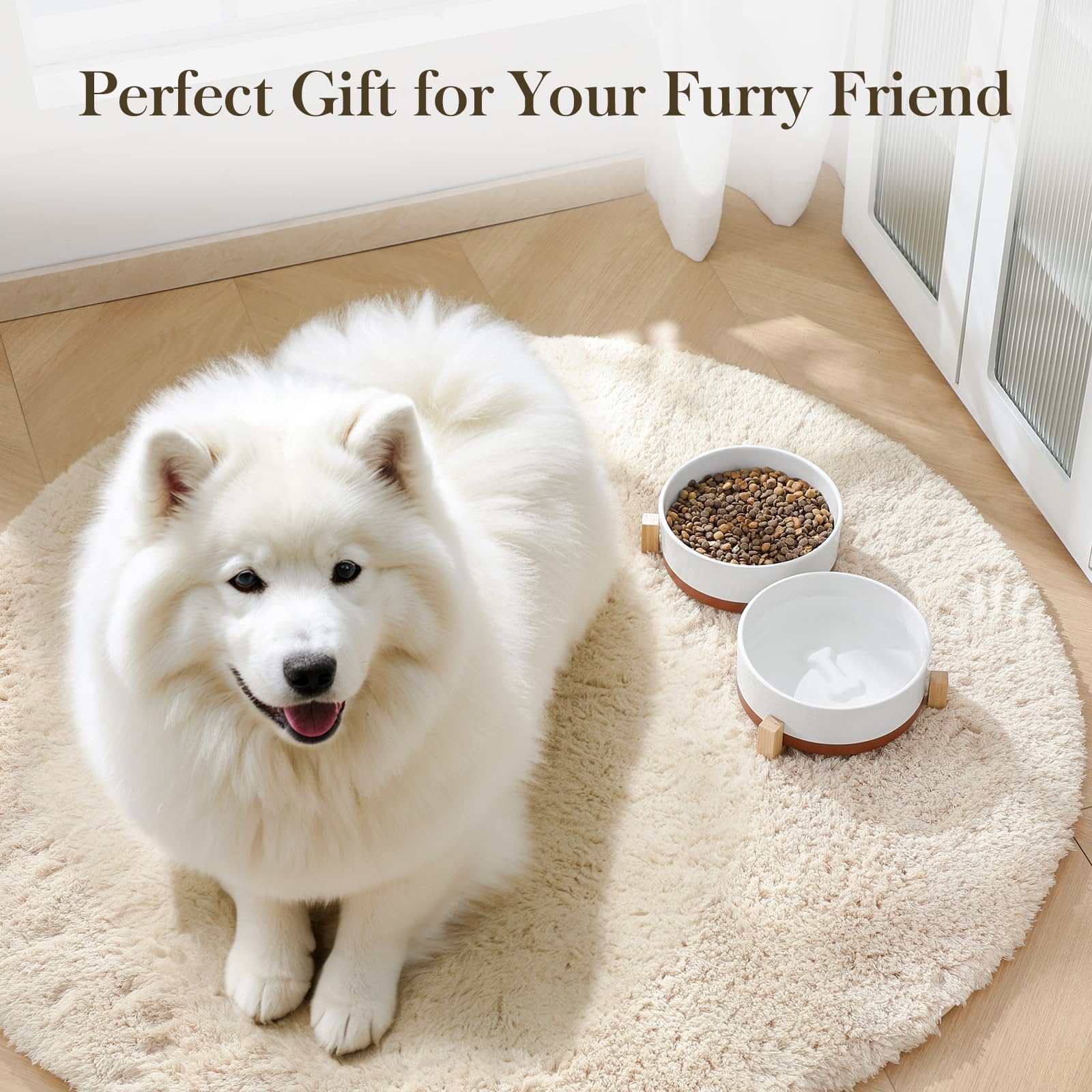 MALACASA Dog Bowls Set with Wooden Stand – 6 Cup Ceramic Food & Water Bowls for Medium to Large Dogs | 58 oz