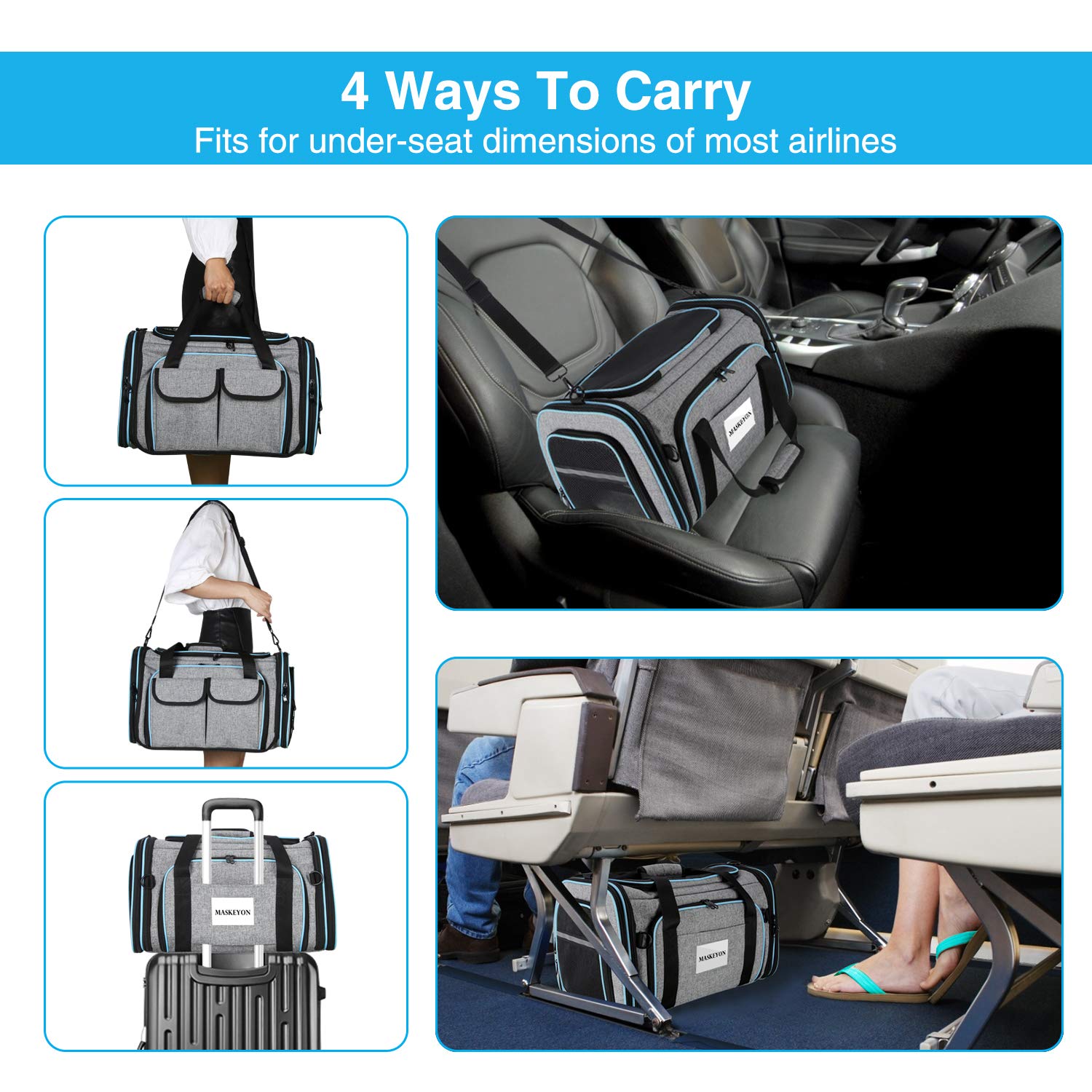 MASKEYON Airline Approved Pet Carrier — Large Soft Sided Expandable TSA Carrier for Cats, Dogs & Small Pets