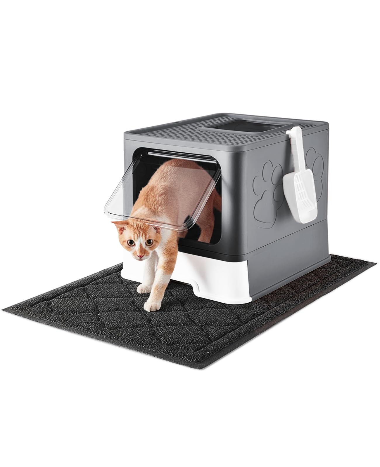 Medario Cat Litter Box with X-Large Litter Mat, Foldable Enclosed Kitty Box with Front Top Entry – Odor Control (Upgrade Dark Grey)