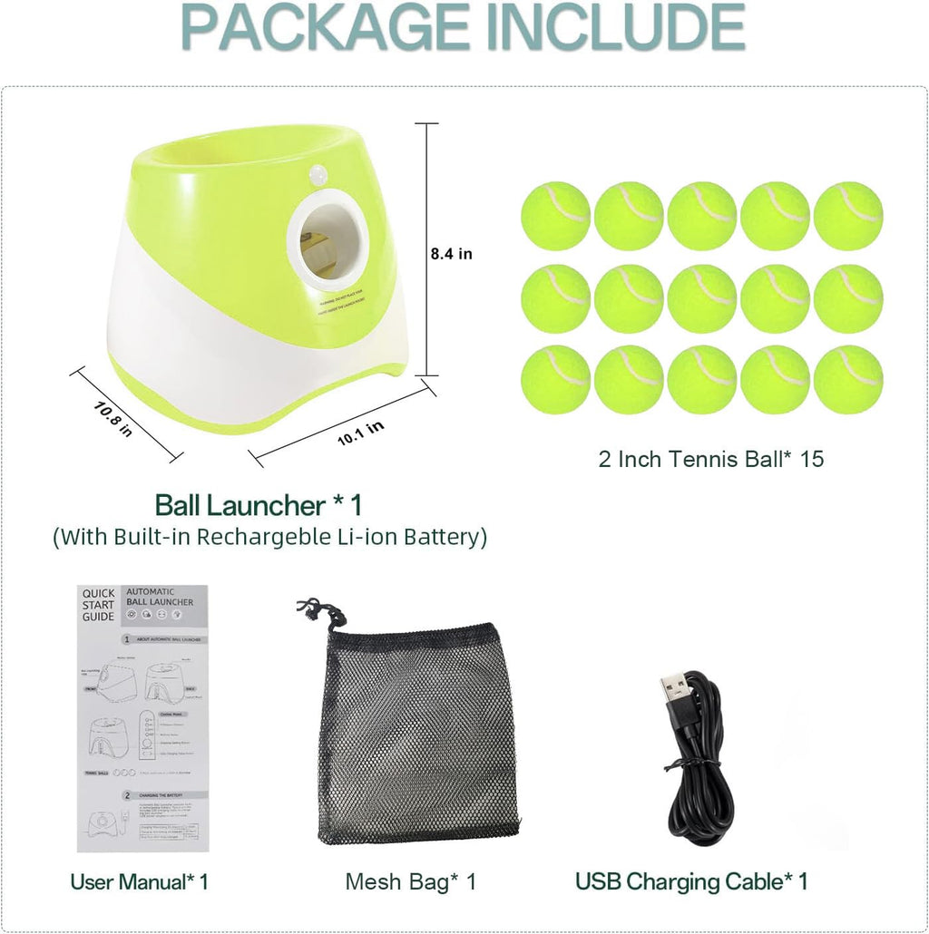 MEKAPLE Automatic Dog Ball Launcher - 10-30 ft Range, 15 Mini 2-Inch Tennis Balls, Indoor Outdoor