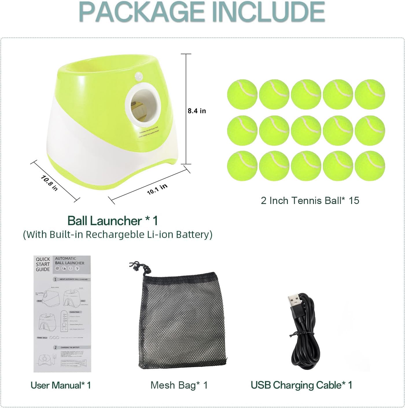 MEKAPLE Automatic Dog Ball Launcher - 10-30 ft Range, 15 Mini 2-Inch Tennis Balls, Indoor Outdoor