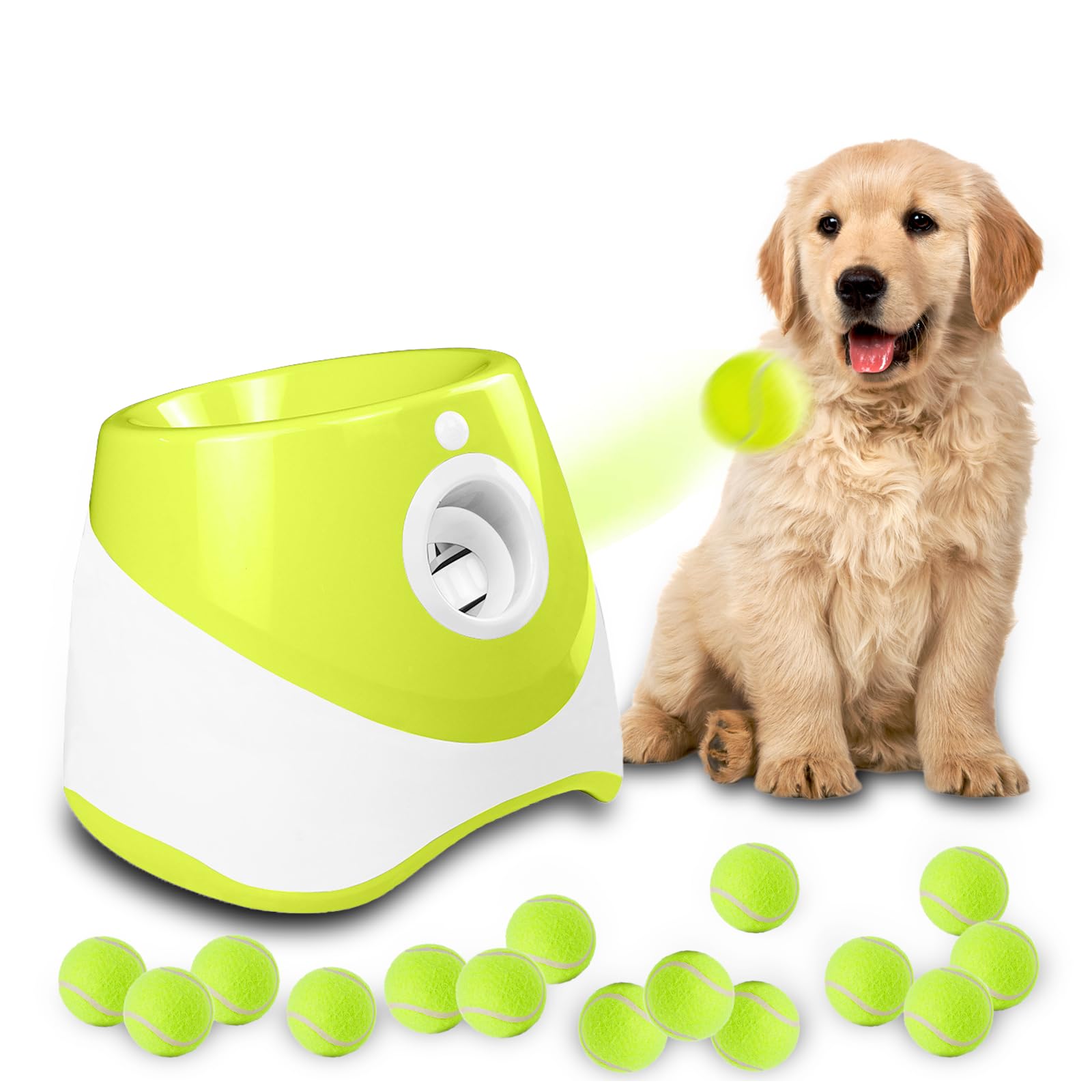 MEKAPLE Automatic Dog Ball Launcher - 10-30 ft Range, 15 Mini 2-Inch Tennis Balls, Indoor Outdoor