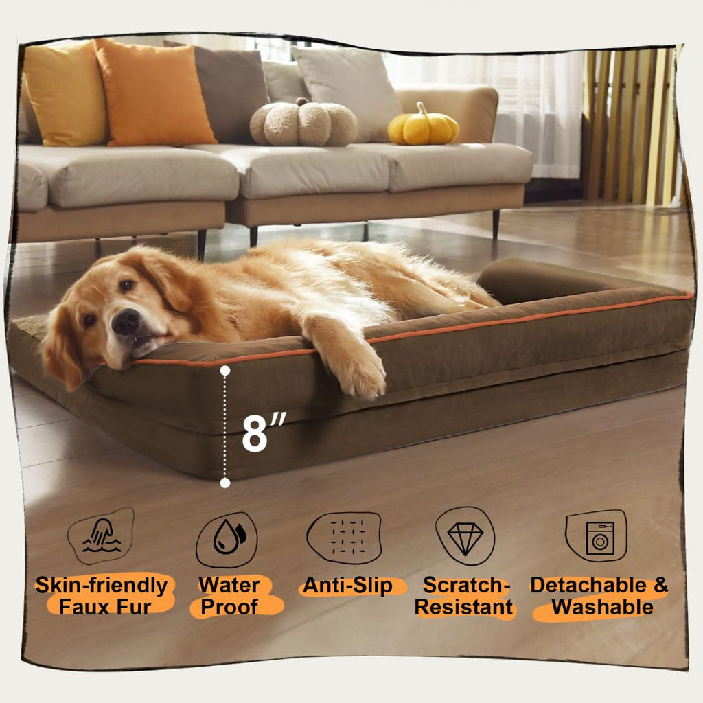 MEKIY Large Dog Bed Orthopedic Memory Foam – Extra Brown, Washable & Water-Resistant Cover