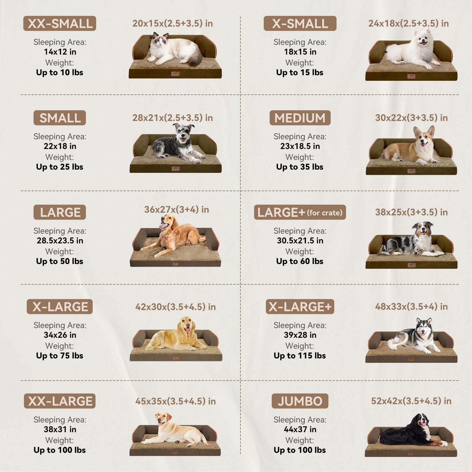 MEKIY Large Dog Bed Orthopedic Memory Foam – Extra Brown, Washable & Water-Resistant Cover