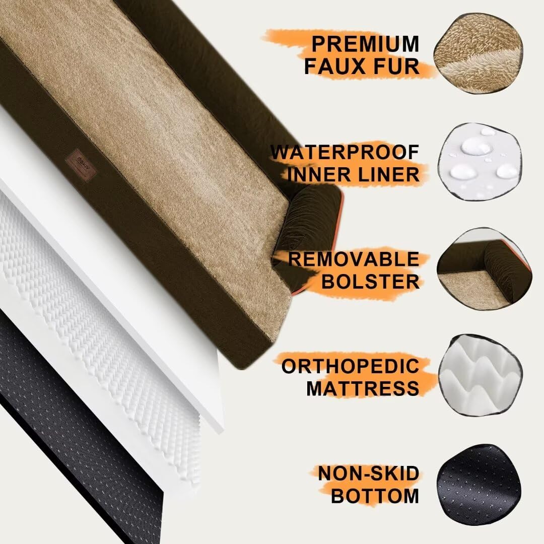 MEKIY Large Dog Bed Orthopedic Memory Foam – Extra Brown, Washable & Water-Resistant Cover